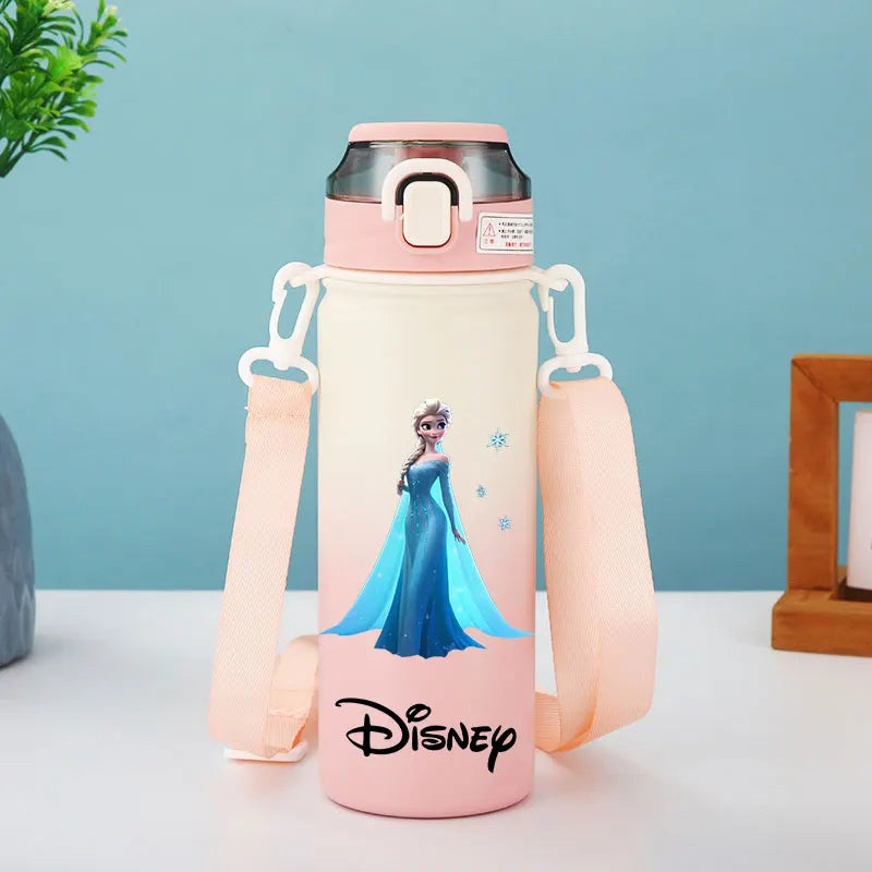 Disney Princesses - Straw Cup, Children's Portable Strap Rope stainless steel Vacuum Water Bottle