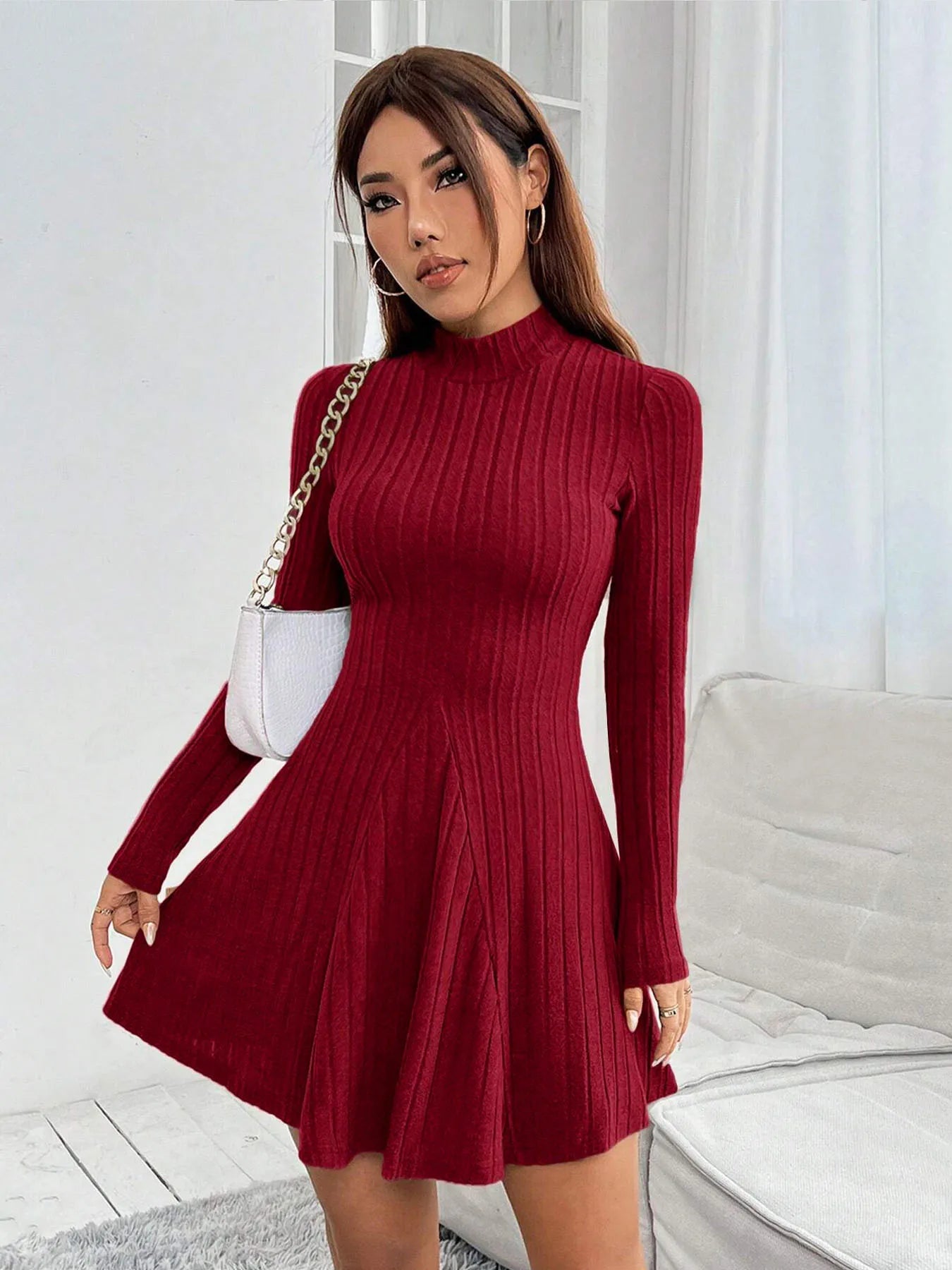 Women's slim fit half high collar waist cinched dress