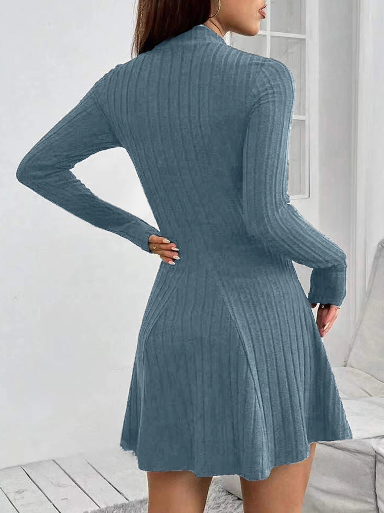 Women's slim fit half high collar waist cinched dress