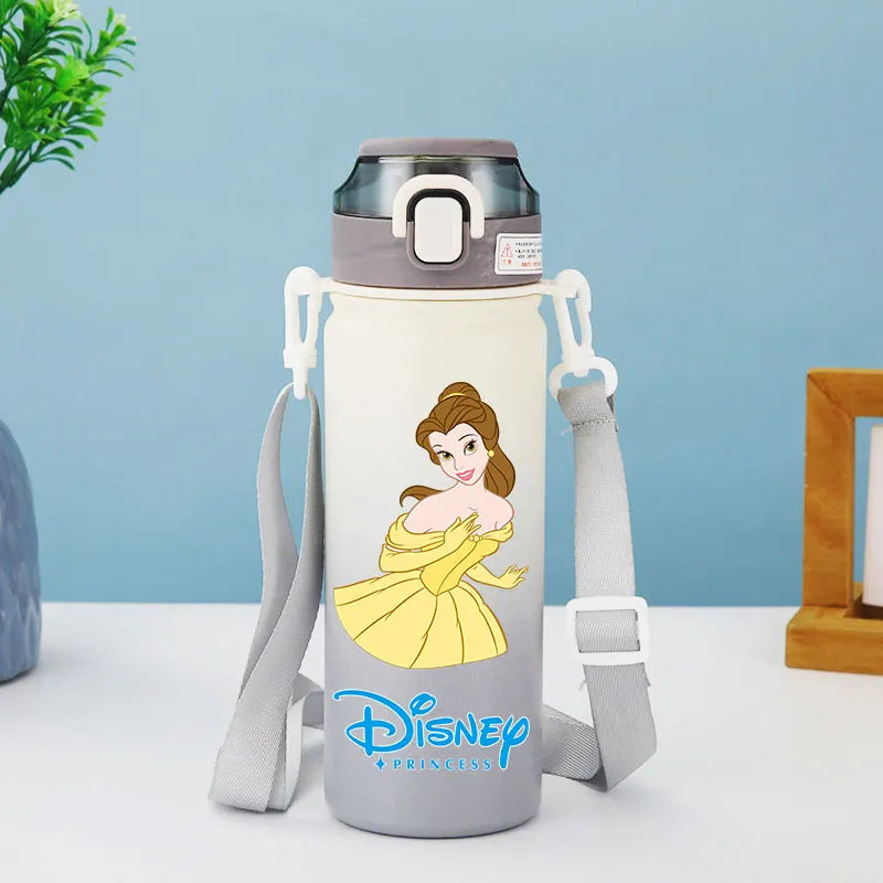 Disney Princesses - Straw Cup, Children's Portable Strap Rope stainless steel Vacuum Water Bottle
