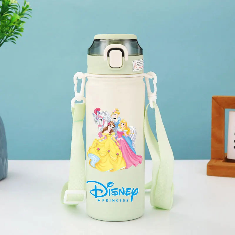 Disney Princesses - Straw Cup, Children's Portable Strap Rope stainless steel Vacuum Water Bottle
