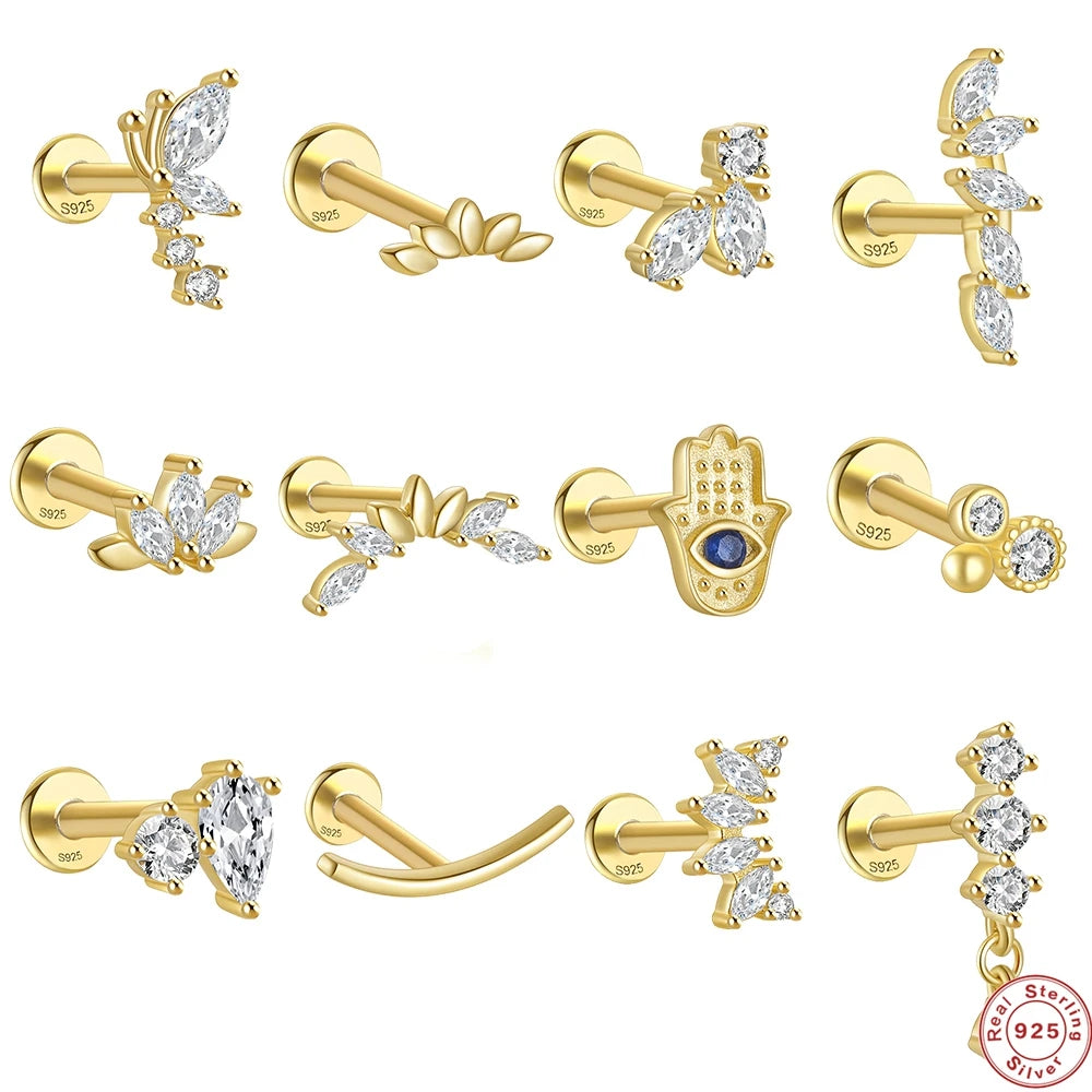 LENNIK 1PC Flat Head Puncture Earring Exquisite Horse Eye Zircon 925 Sterling Silver Stud Earring For Women Piercing Body Jewel