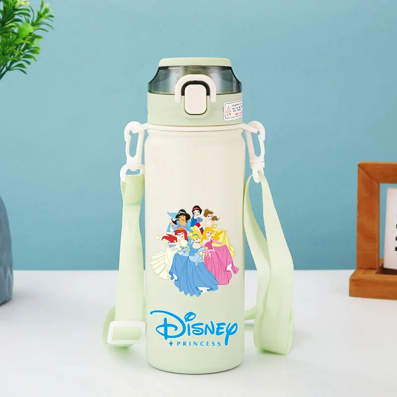 Disney Princesses - Straw Cup, Children's Portable Strap Rope stainless steel Vacuum Water Bottle