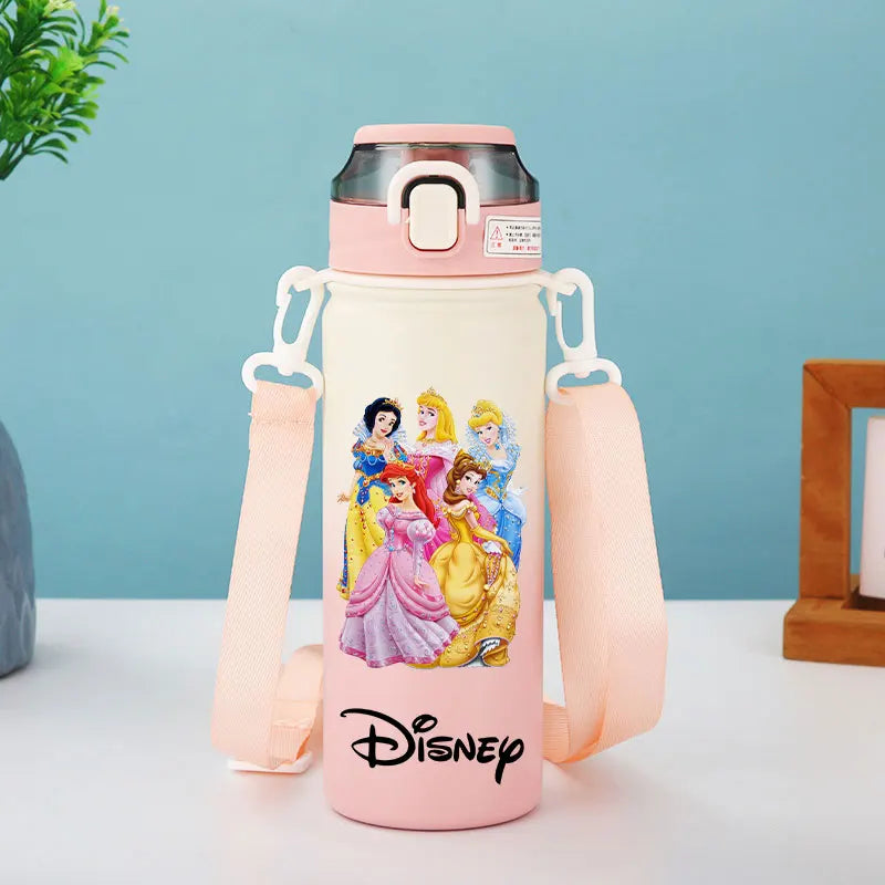 Disney Princesses - Straw Cup, Children's Portable Strap Rope stainless steel Vacuum Water Bottle