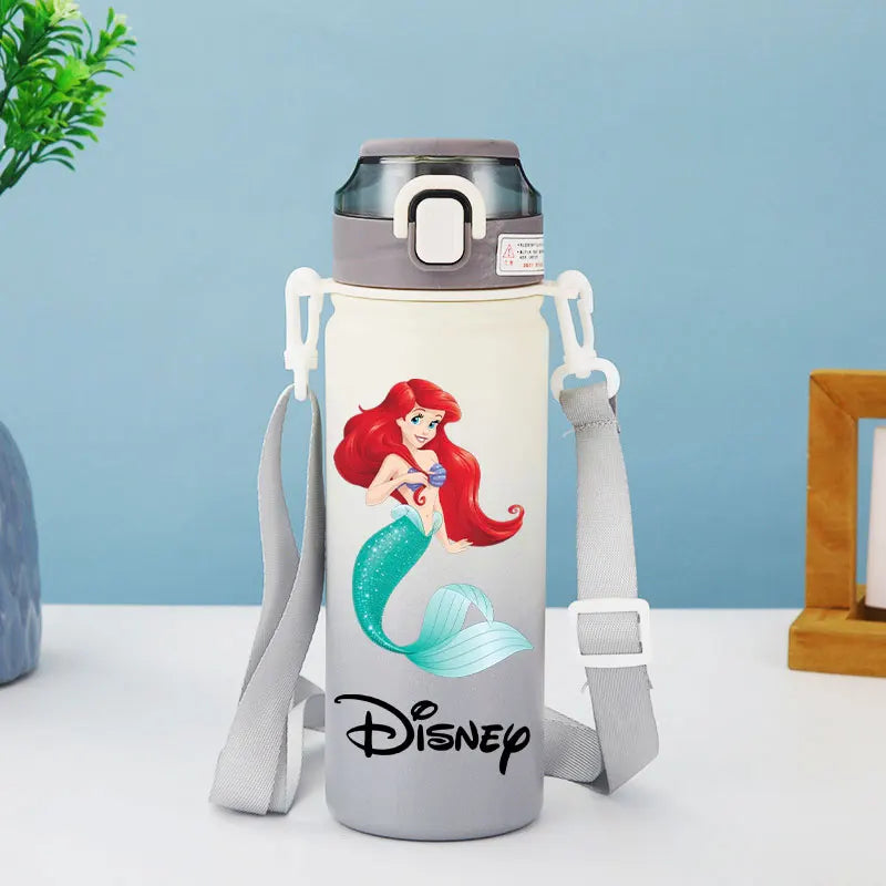 Disney Princesses - Straw Cup, Children's Portable Strap Rope stainless steel Vacuum Water Bottle