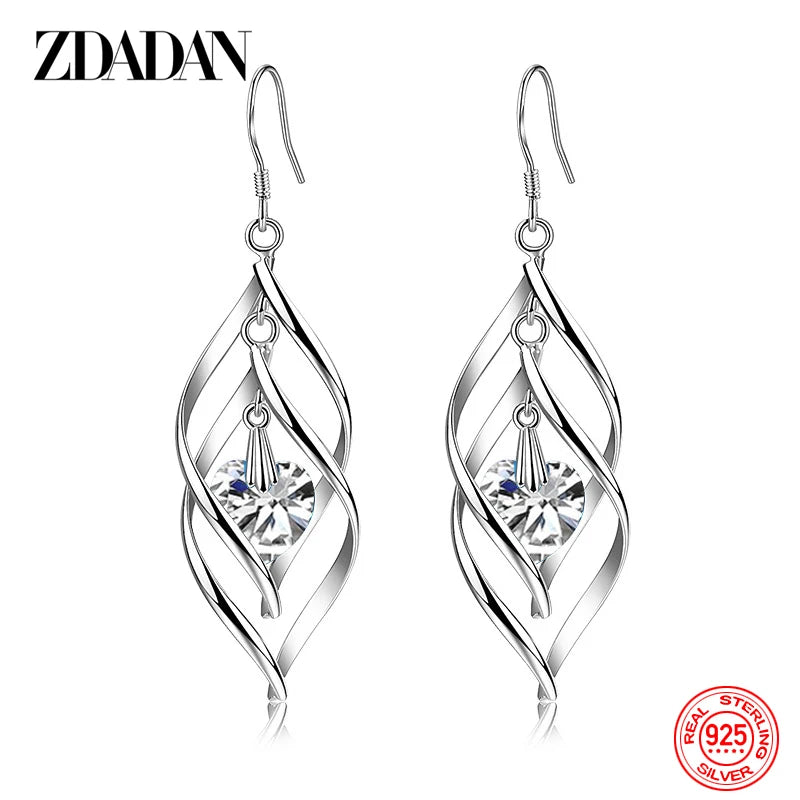 ZDADAN New Arrival 925 Sterling Silver Crystal Long Dangle Earrings For Women Charm Wedding Party Jewelry Gift