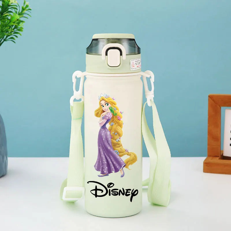 Disney Princesses - Straw Cup, Children's Portable Strap Rope stainless steel Vacuum Water Bottle