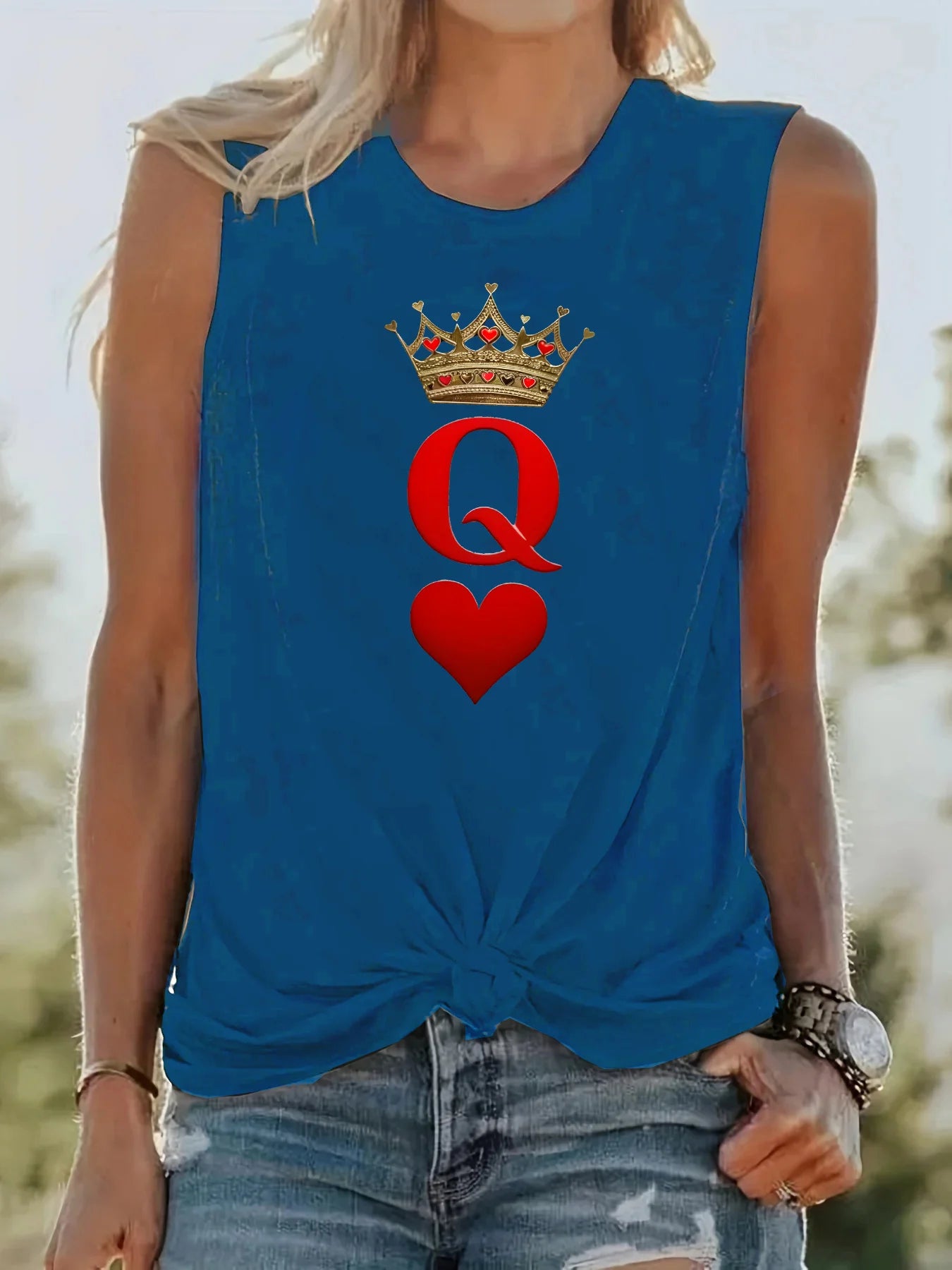 Women's Summer Casual Loose Size Q Letter Crown Pattern Printed Round Neck Sleeveless Tank Top Fashion T-shirt