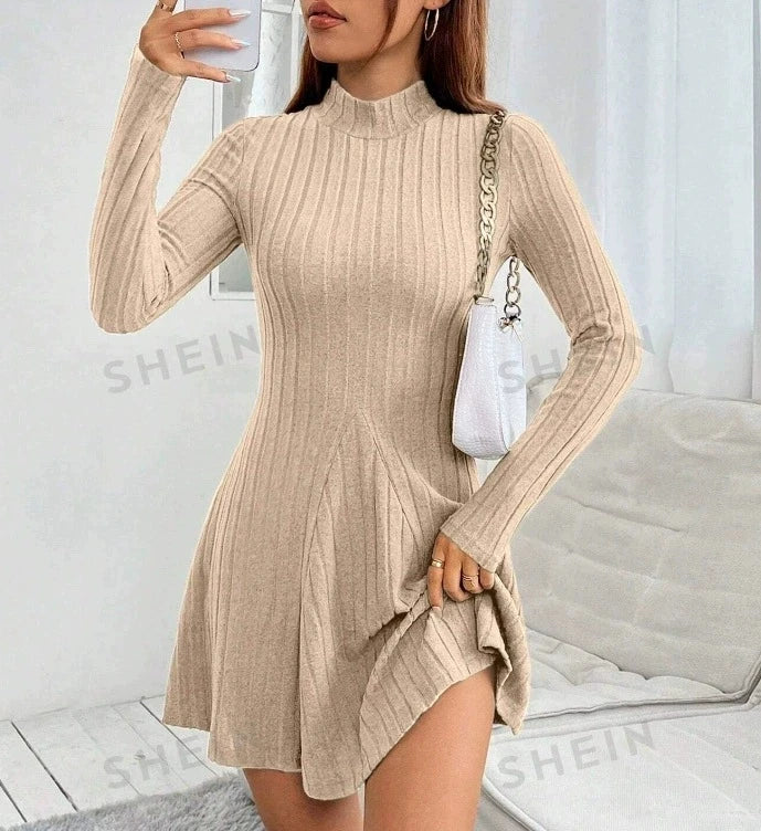 Women's slim fit half high collar waist cinched dress