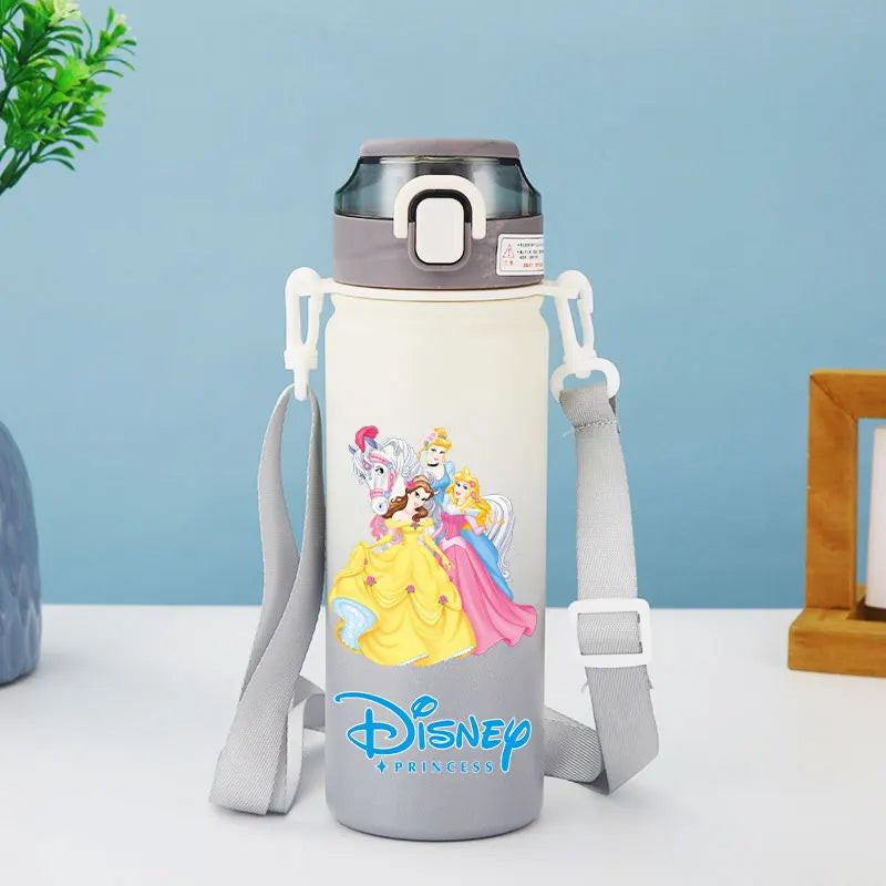 Disney Princesses - Straw Cup, Children's Portable Strap Rope stainless steel Vacuum Water Bottle