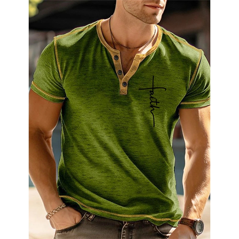 Faith 3D Print Henley Men's Fashion Streetwear