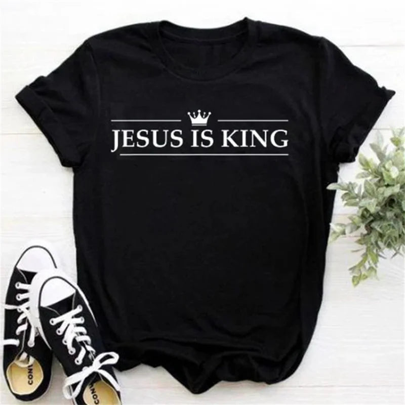 2024 Jesus Is King Letter Print Women T-shirt Christian Faith Hope Love Harajuku T Shirts Religion O-neck Tops Tees Streetwears