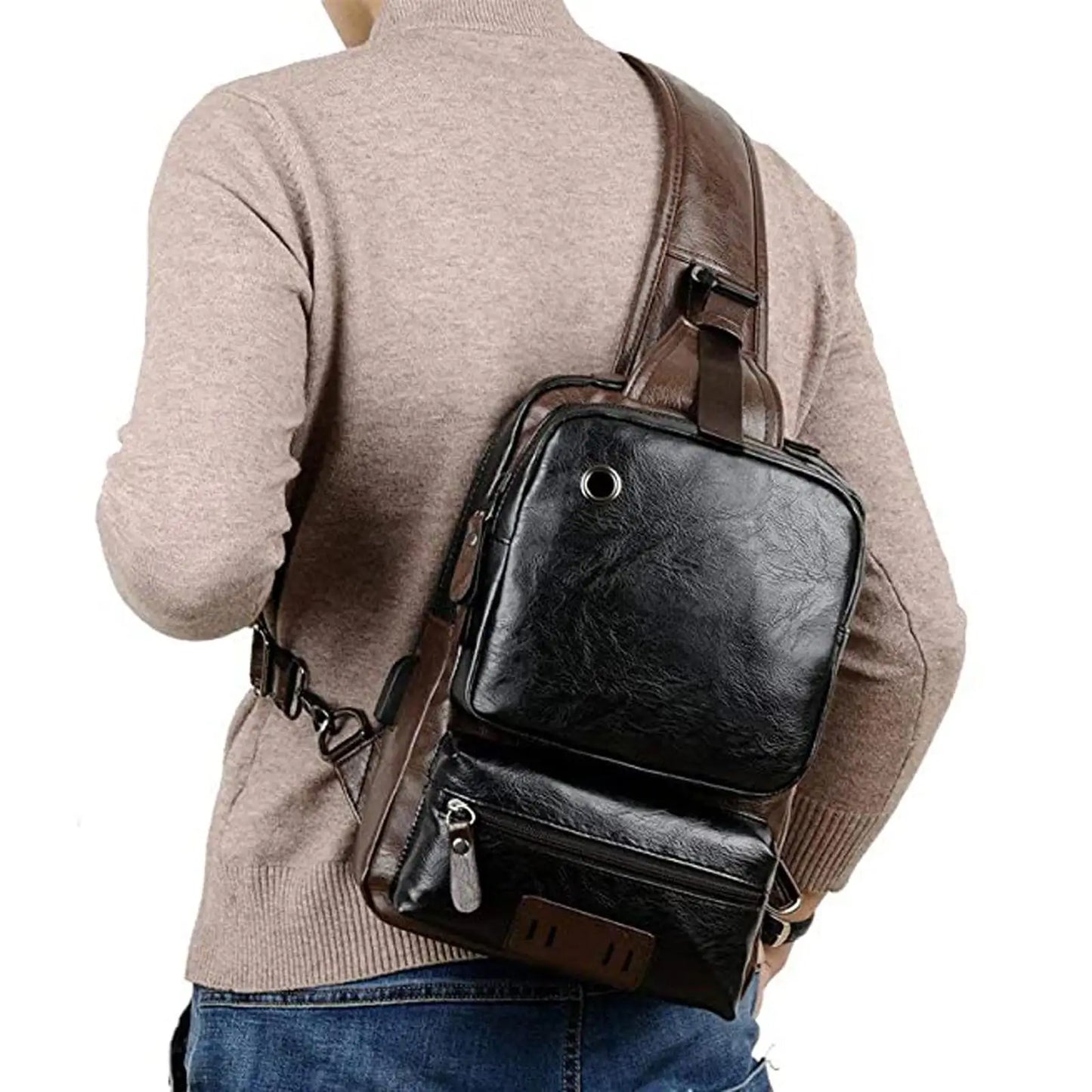 Men's Sling Bag Messenger Bag Daypack Anti-Theft Waterproof PU Leather One Strap Backpack Shoulder Pack for Business Outdoor
