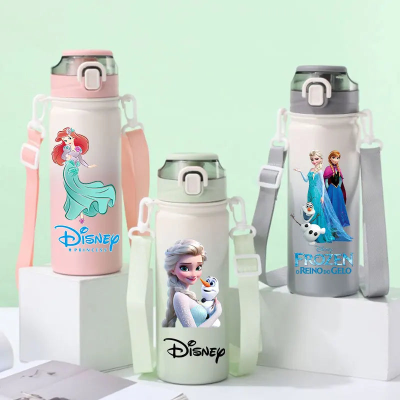 Disney Princesses - Straw Cup, Children's Portable Strap Rope stainless steel Vacuum Water Bottle