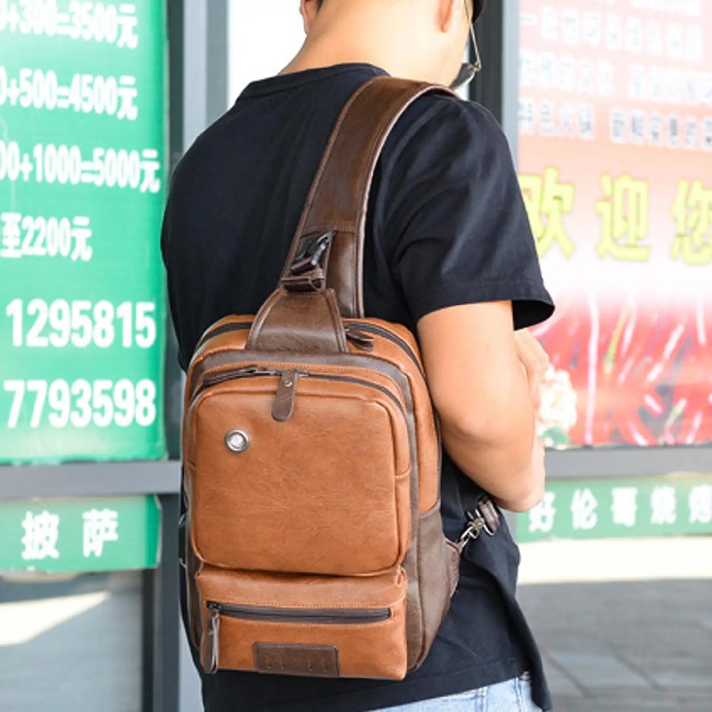 Men's Sling Bag Messenger Bag Daypack Anti-Theft Waterproof PU Leather One Strap Backpack Shoulder Pack for Business Outdoor