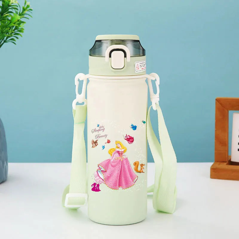 Disney Princesses - Straw Cup, Children's Portable Strap Rope stainless steel Vacuum Water Bottle