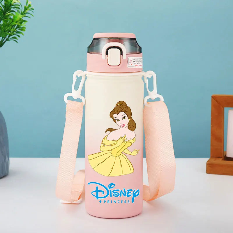 Disney Princesses - Straw Cup, Children's Portable Strap Rope stainless steel Vacuum Water Bottle