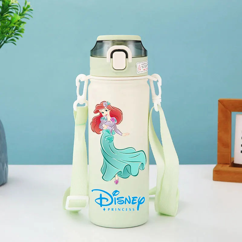 Disney Princesses - Straw Cup, Children's Portable Strap Rope stainless steel Vacuum Water Bottle
