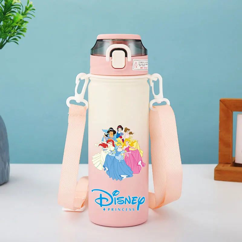 Disney Princesses - Straw Cup, Children's Portable Strap Rope stainless steel Vacuum Water Bottle