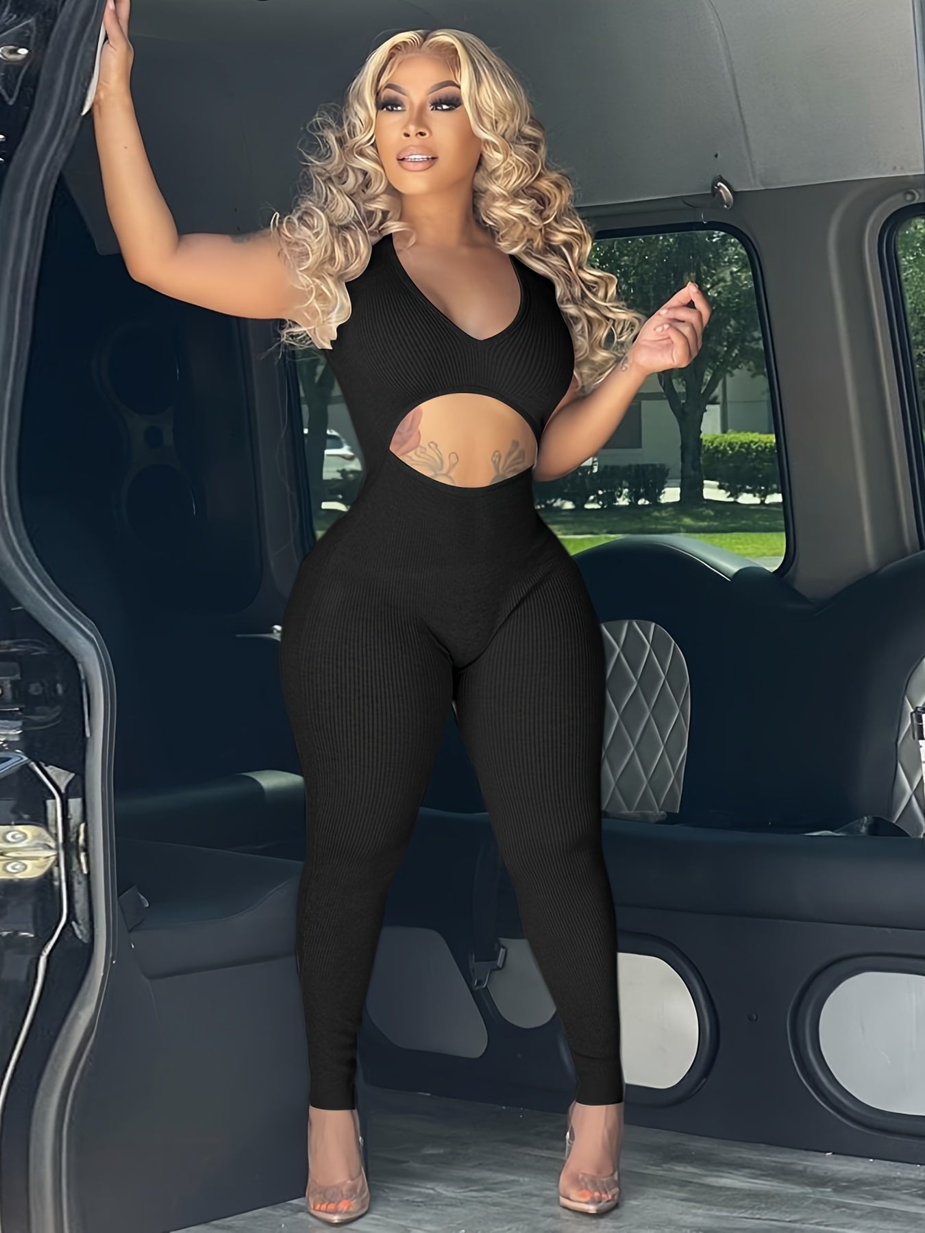 Sexy Solid Cut Out Sleeveless Bodycon Jumpsuit
