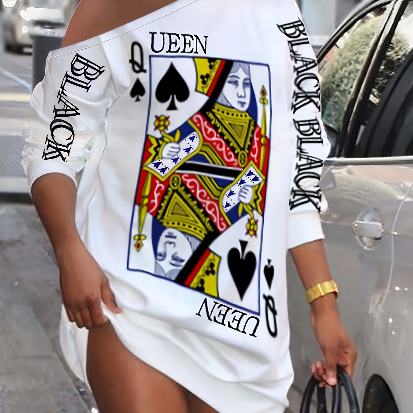 Slant Shoulder QUEEN Poker Print Dress