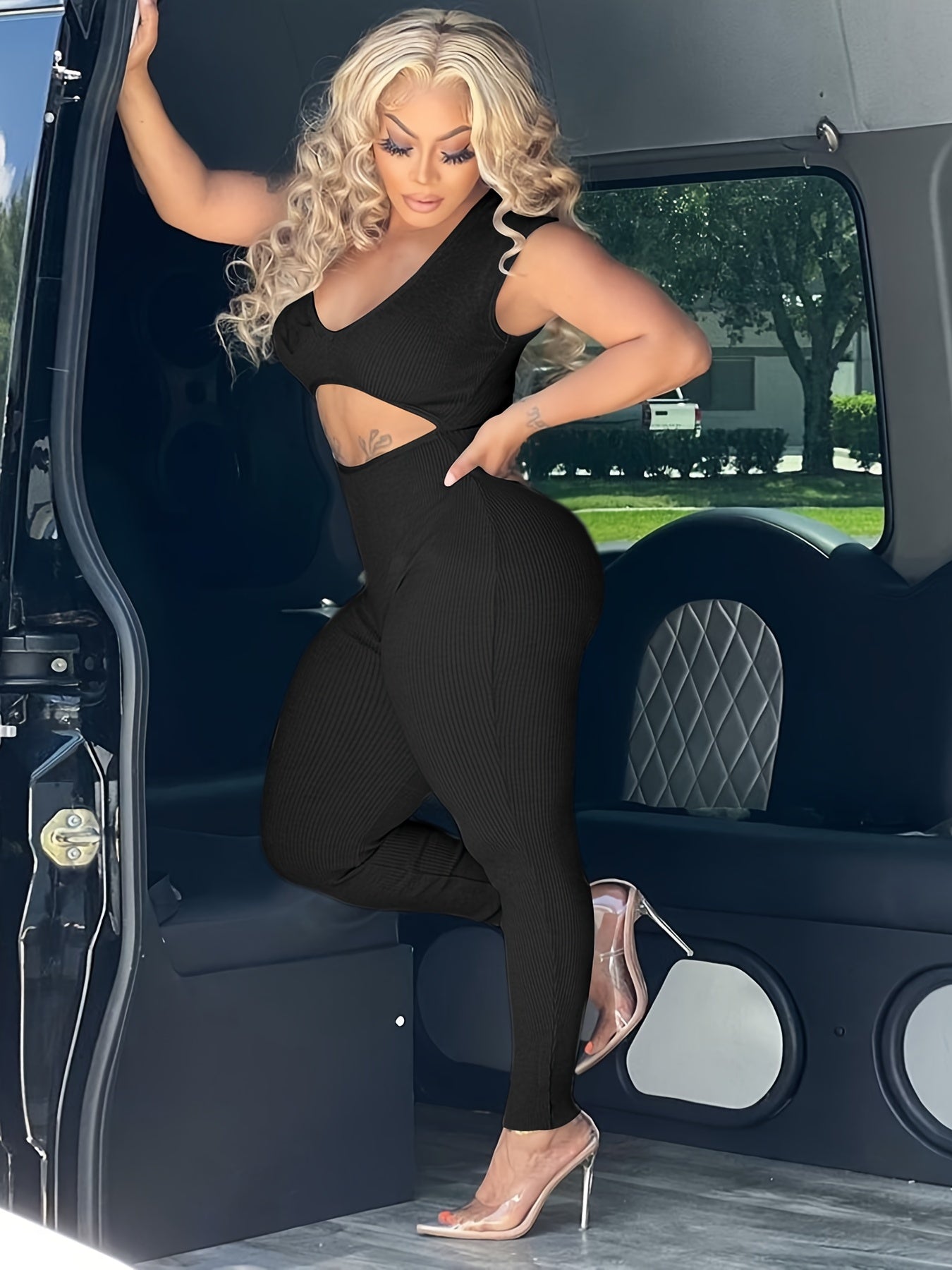 Sexy Solid Cut Out Sleeveless Bodycon Jumpsuit
