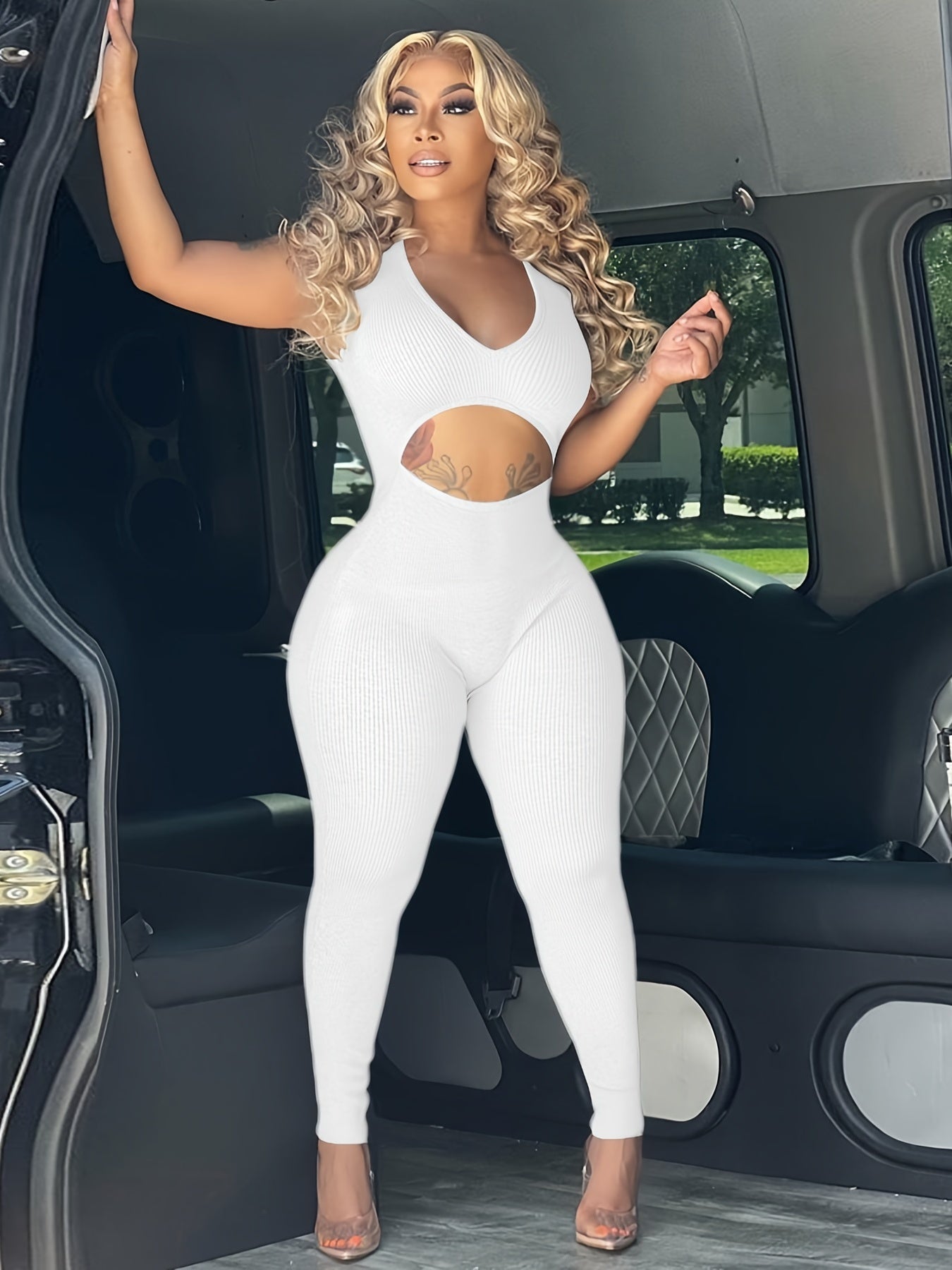 Sexy Solid Cut Out Sleeveless Bodycon Jumpsuit