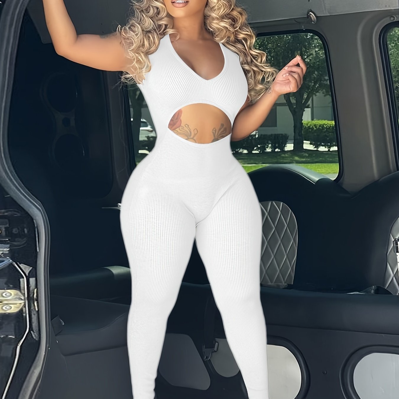 Sexy Solid Cut Out Sleeveless Bodycon Jumpsuit