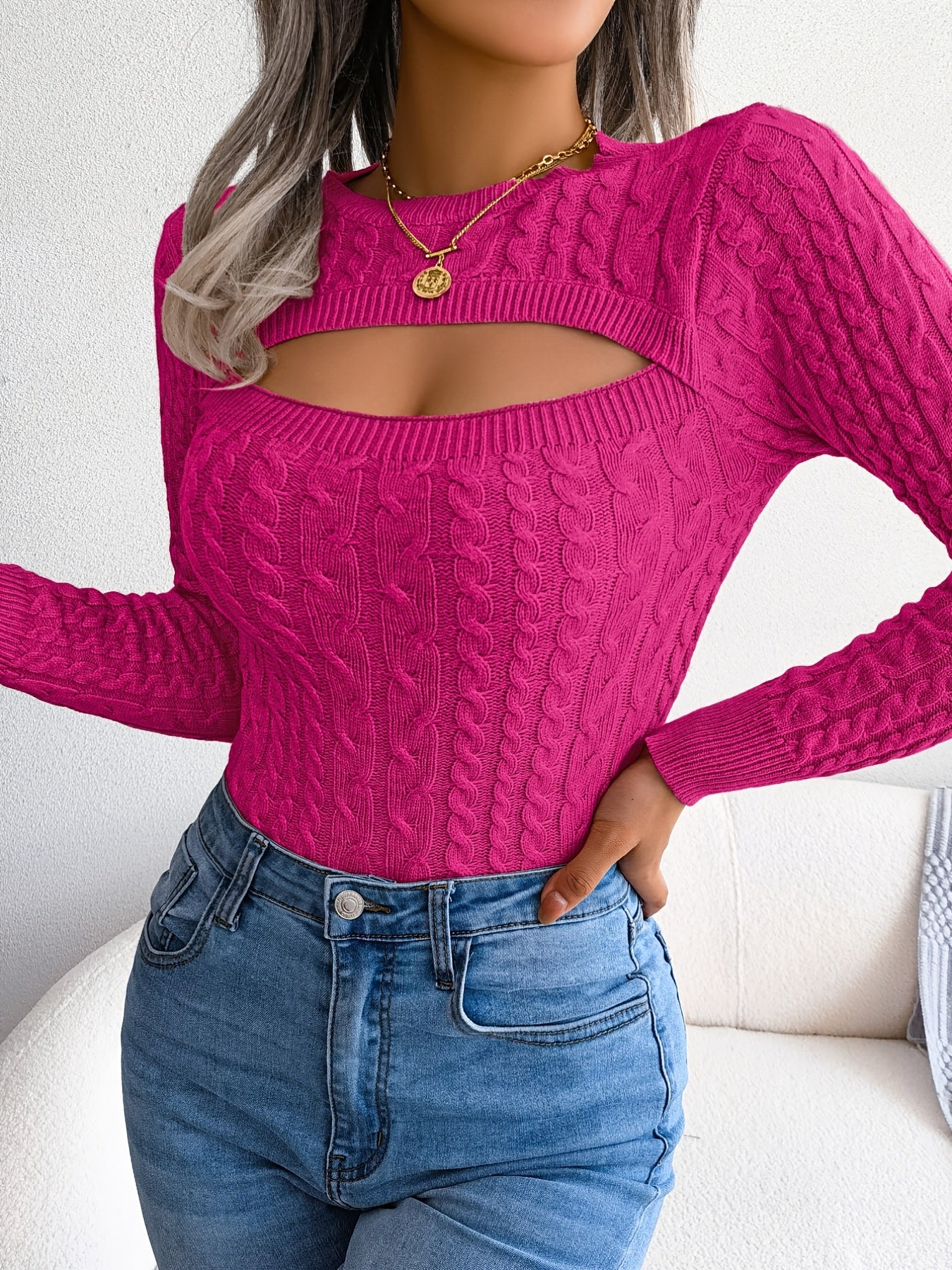 Women's Sexy Hollow-Out Knit Pullover Long Sleeve Crew Neck Sweater