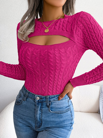 Women's Sexy Hollow-Out Knit Pullover Long Sleeve Crew Neck Sweater