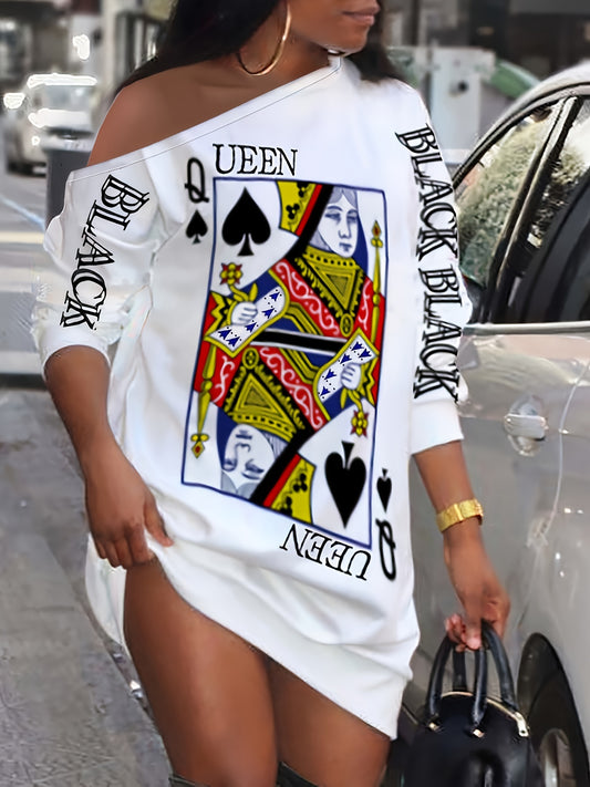 Slant Shoulder QUEEN Poker Print Dress