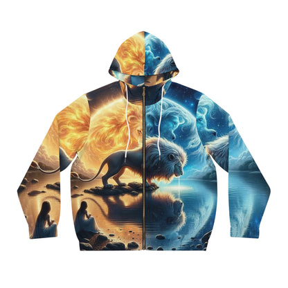 Cosmic Lion Full-Zip Hoodie, Unisex Art Hoodie, Spiritual Apparel, Psychedelic Lion Zip Up, Perfect for Gift, Festivals, Everyday Wear