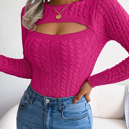 Women's Sexy Hollow-Out Knit Pullover Long Sleeve Crew Neck Sweater