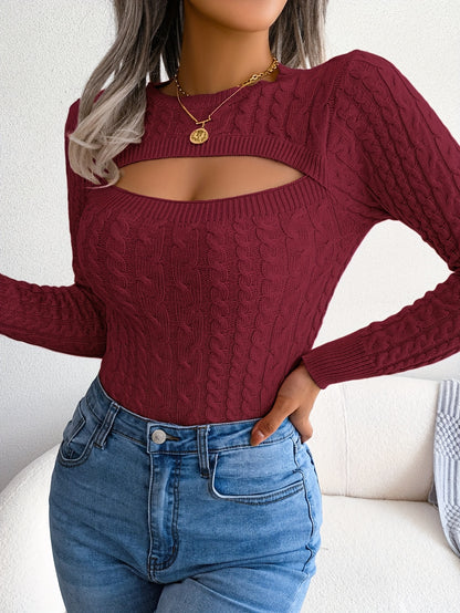 Women's Sexy Hollow-Out Knit Pullover Long Sleeve Crew Neck Sweater