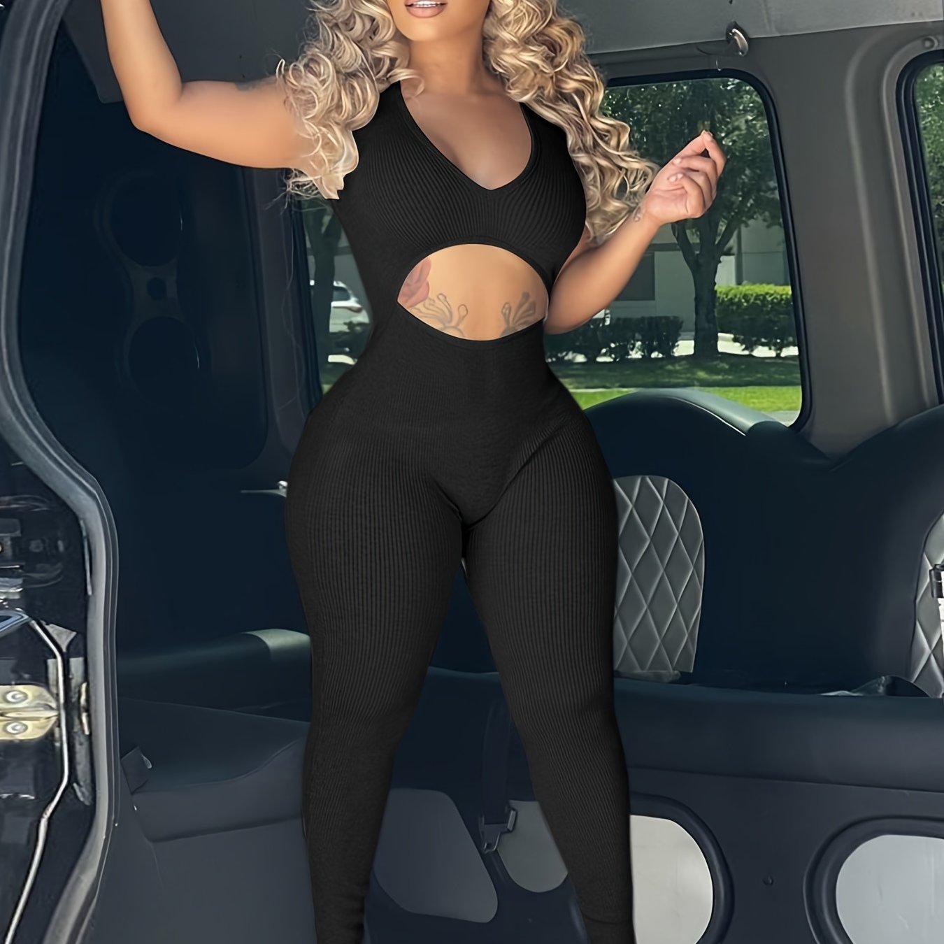 Sexy Solid Cut Out Sleeveless Bodycon Jumpsuit