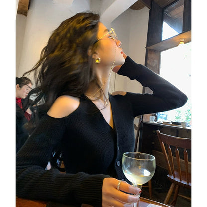 Shoulder Digging V-neck Halter Sweater Bottoming Shirt Women's Inner Wear Western Style Early Autumn New Arrival Long Sleeves Knitting Cardigan off-the-Shoulder Tops