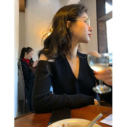 Shoulder Digging V-neck Halter Sweater Bottoming Shirt Women's Inner Wear Western Style Early Autumn New Arrival Long Sleeves Knitting Cardigan off-the-Shoulder Tops