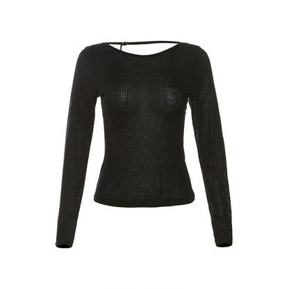 Sylcue Diagonal Collar Slim Fit Backless Upper Clothes Long Sleeves T-shirt