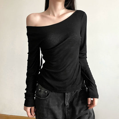 Sylcue Diagonal Collar Slim Fit Backless Upper Clothes Long Sleeves T-shirt