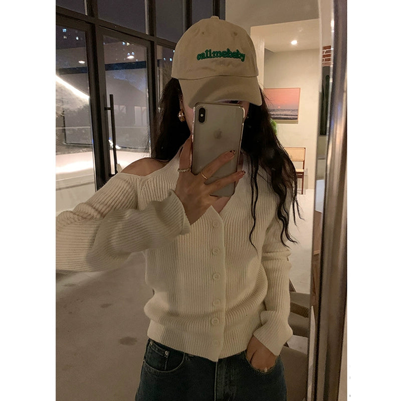 Shoulder Digging V-neck Halter Sweater Bottoming Shirt Women's Inner Wear Western Style Early Autumn New Arrival Long Sleeves Knitting Cardigan off-the-Shoulder Tops