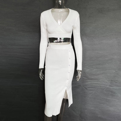 Elegant Long Sleeves V-neck Tops and Mid-Length Dress Set