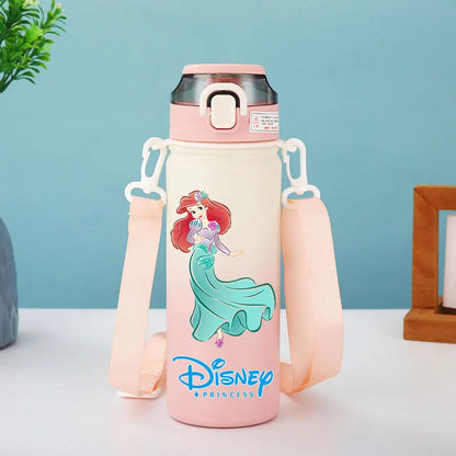 Disney Princesses - Straw Cup, Children's Portable Strap Rope stainless steel Vacuum Water Bottle