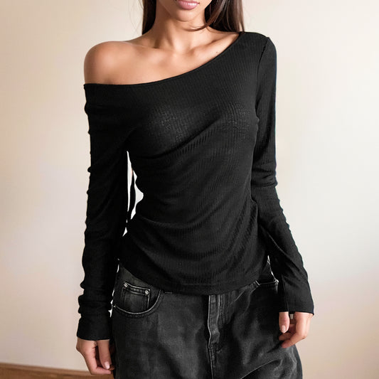 Sylcue Diagonal Collar Slim Fit Backless Upper Clothes Long Sleeves T-shirt