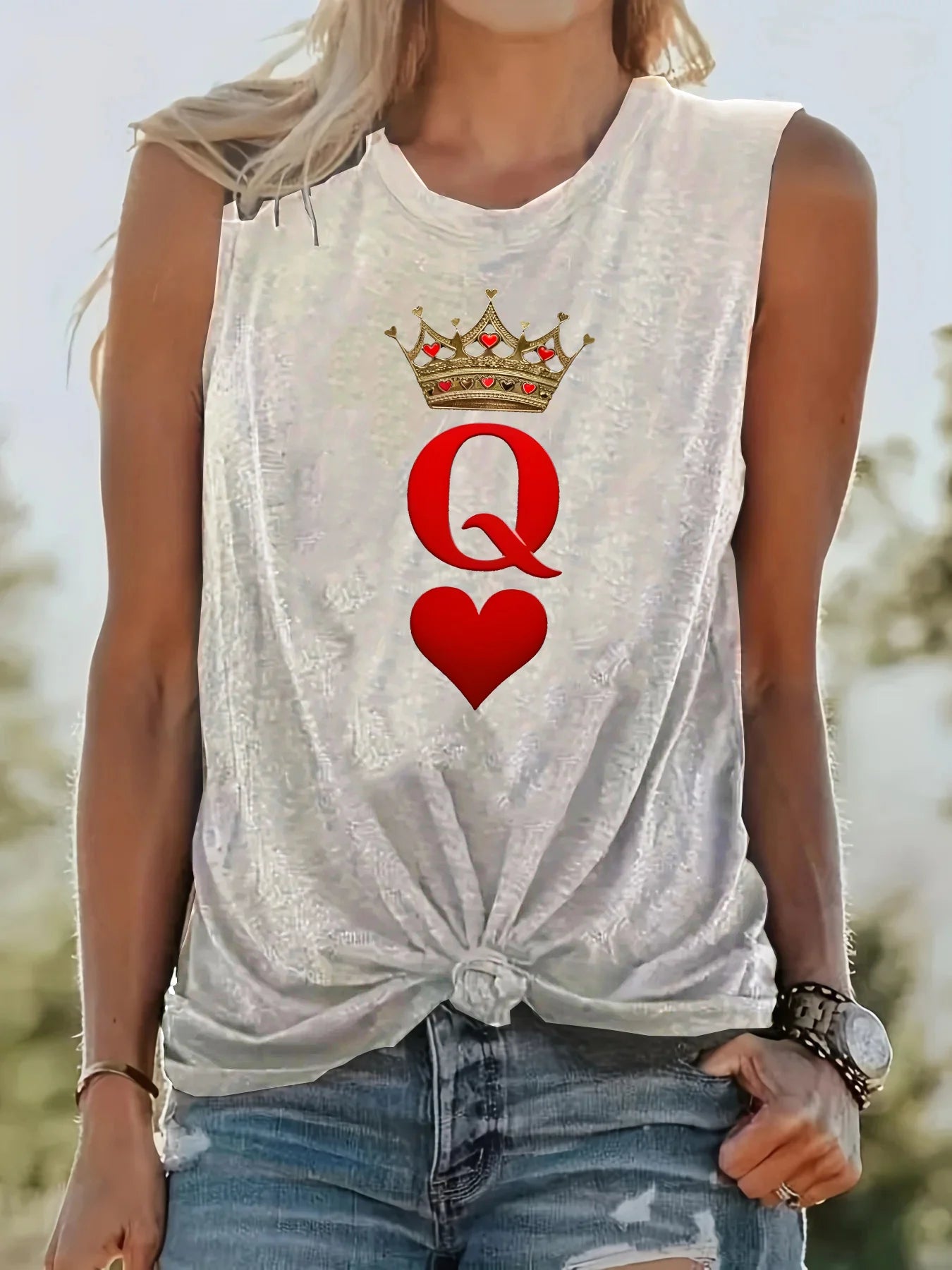 Women's Summer Casual Loose Size Q Letter Crown Pattern Printed Round Neck Sleeveless Tank Top Fashion T-shirt