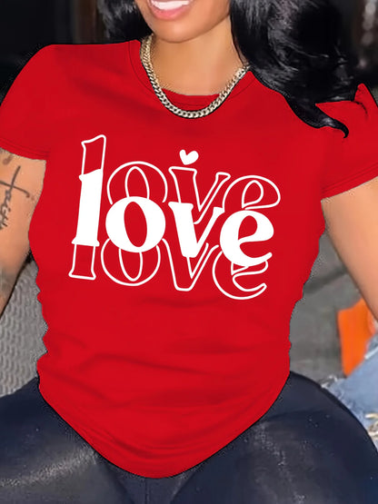 Women's "LOVE" Graphic Tee - Red Stretchy Polyester & Elastane Blend Short Sleeve Round Neck Comfort Fit T-Shirt