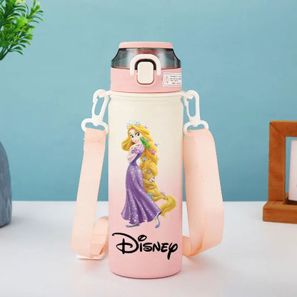 Disney Princesses - Straw Cup, Children's Portable Strap Rope stainless steel Vacuum Water Bottle