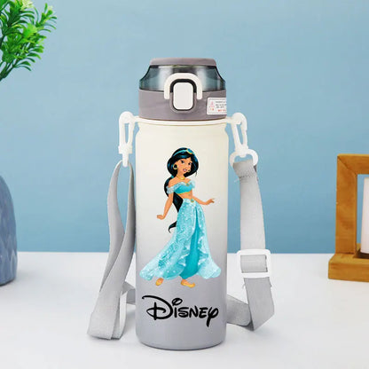 Disney Princesses - Straw Cup, Children's Portable Strap Rope stainless steel Vacuum Water Bottle