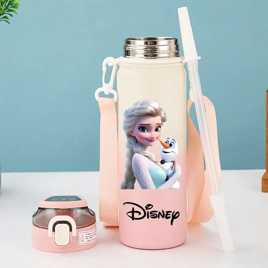 Disney Princess Straw Cup Children's Thermos Cup Frozen Elsa Portable Strap Rope stainless steel Vacuum Water Bottle