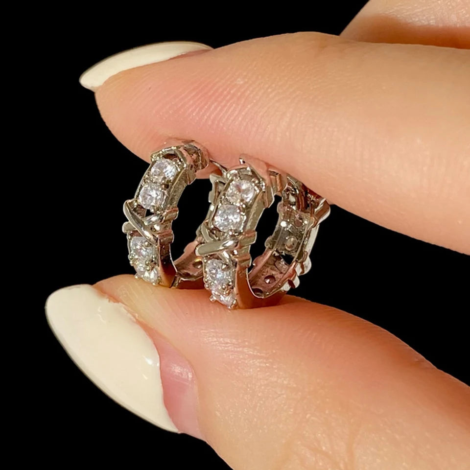 Korean Fashion Simple Zircon X Metal Hoop Earrings For Woman Exquisite Small Circle Earring Ladies Party Accessories