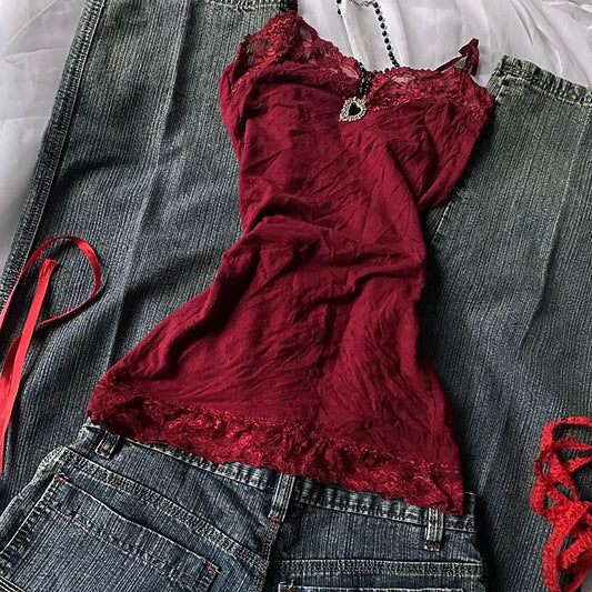 Cool Punk Harajuku Lace Solid color Y2k Tank Top Casual Hip Hop Sleeveless Top Unique Grunge Goth Crop top Streetwear Vest Retro